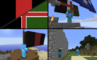 Clockwise: The flags of each party, Commonwealth forces retake Eurika, Kreiger conquers a part of the Winterlyn Military Zone, Austrobernd is about to get executed